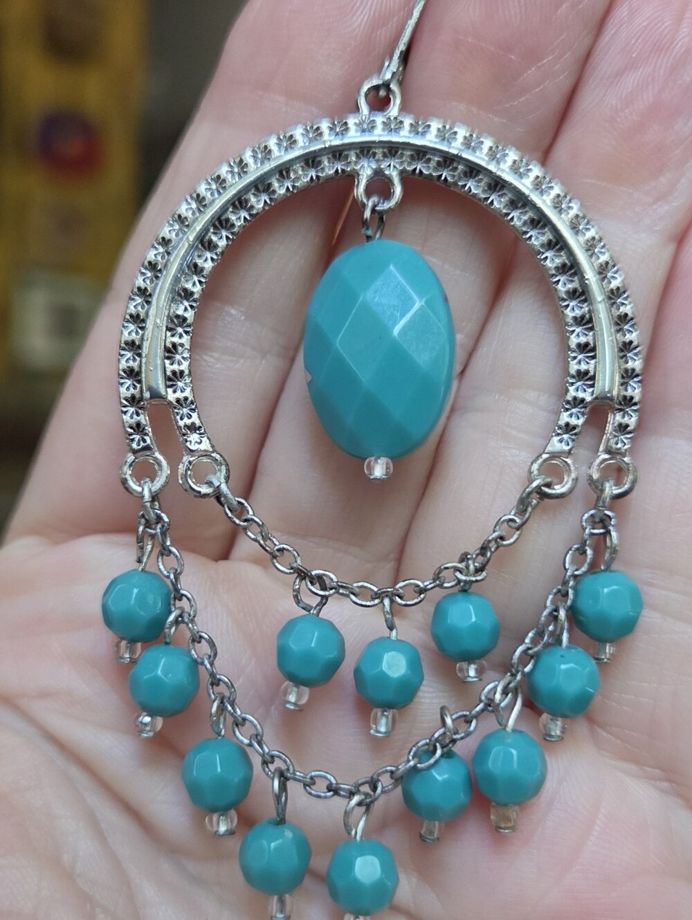 H&M Teal Beaded Silver-Tone Chandelier Earrings - Picture 4 of 5